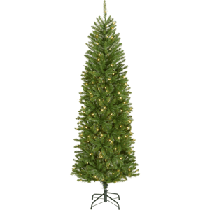 Artificial pre-lit slim Christmas tree with built-in lights, featuring a green fibrous appearance and a sturdy metal stand.