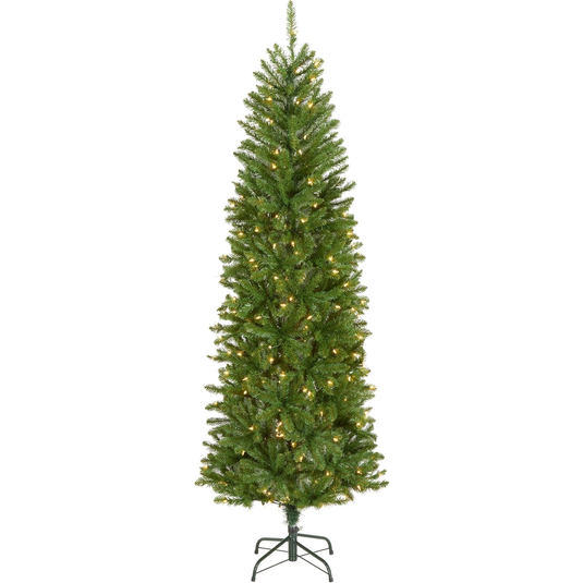 Artificial pre-lit slim Christmas tree with built-in lights, featuring a green fibrous appearance and a sturdy metal stand.