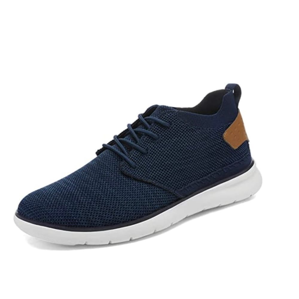 A blue sneaker with a white sole and a brown patch on the heel.