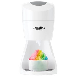 A Hawaiian Shaved Ice machine with a cup of rainbow-colored shaved ice below.