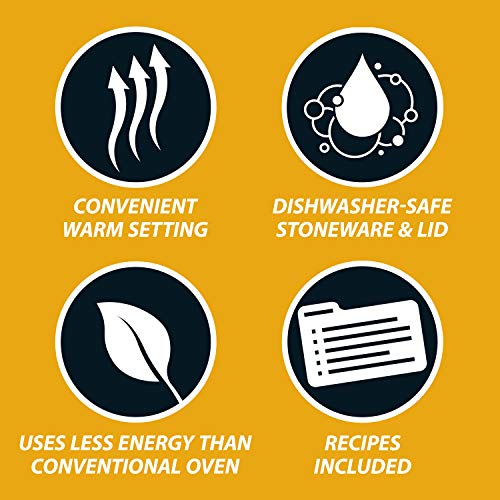 The image features four icons highlighting the features of a 7-Quart Crock-Pot: convenient warm setting, dishwasher-safe stoneware and lid, energy efficiency compared to a conventional oven, and included recipes.