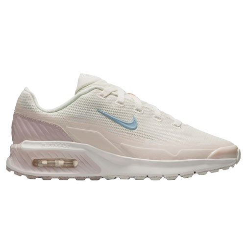 A white Nike sneaker featuring a light blue swoosh, light pink accents, and visible Air Max cushioning.