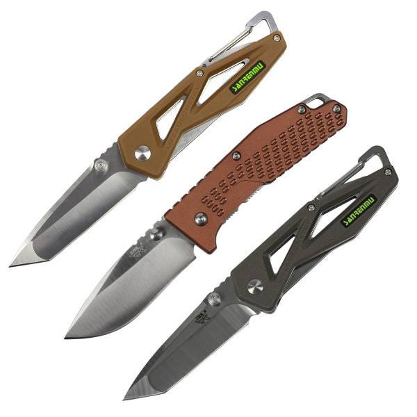 Three folding knives with stainless steel blades and varying handle designs; two feature carabiner-style clips and open framework for lightweight carry, while the middle one has a textured, solid grip for enhanced handling.