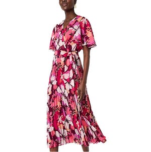 A vibrant floral print dress with a V-neckline, short sleeves, and a pleated skirt. The dress features a matching waist tie for a cinched appearance.