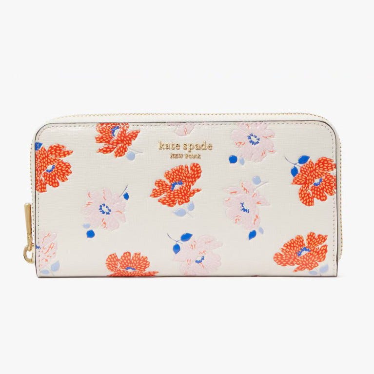 White zip-around wallet with floral print.