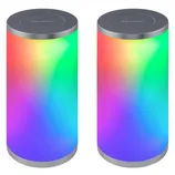 A pair of cylindrical LED lanterns displaying a gradient of rainbow colors, with brushed metal tops and bottoms, and the brand name \“enbrighten\“ on top.