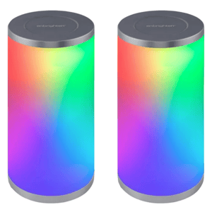 A pair of cylindrical LED lanterns displaying a gradient of rainbow colors, with brushed metal tops and bottoms, and the brand name \“enbrighten\“ on top.