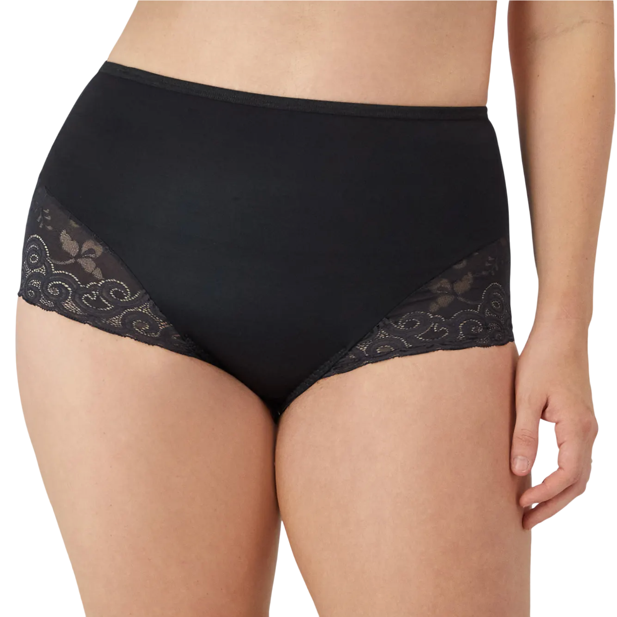 Black high-waisted underwear with lace detailing on the sides.