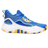 Blue and yellow athletic sneaker with a textured mesh upper, cushioned white midsole, and a blue-yellow pattern on the outsole.