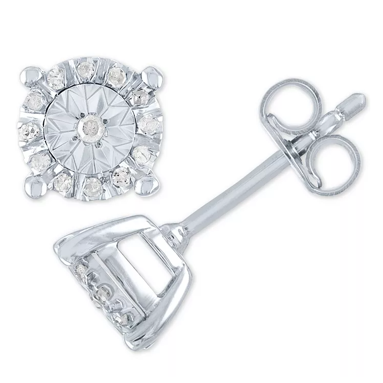 A pair of round white gold stud earrings with a central diamond surrounded by smaller diamonds in a starburst pattern, featuring a butterfly back closure.