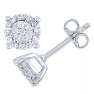 A pair of round white gold stud earrings with a central diamond surrounded by smaller diamonds in a starburst pattern, featuring a butterfly back closure.