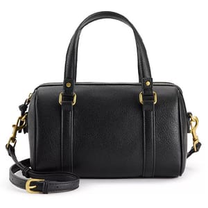 A black leather handbag featuring gold-tone hardware, two handles, and a detachable shoulder strap.