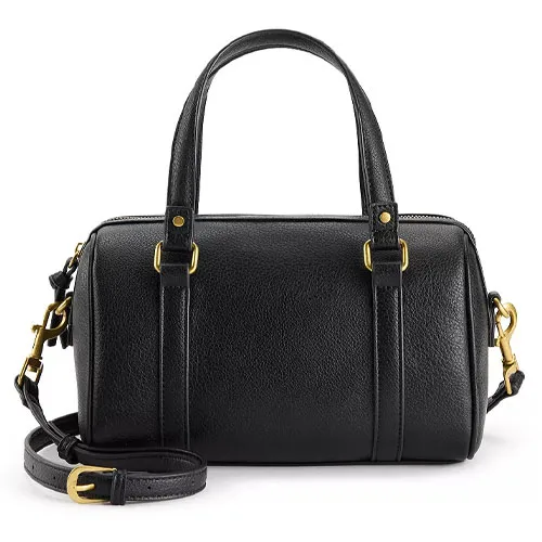 A black leather handbag featuring gold-tone hardware, two handles, and a detachable shoulder strap.