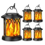 Five black lanterns with a decorative design, each displaying internal LED lights that simulate flickering flames.