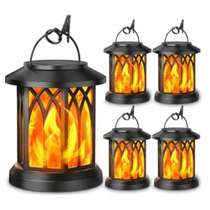 Five black lanterns with a decorative design, each displaying internal LED lights that simulate flickering flames.