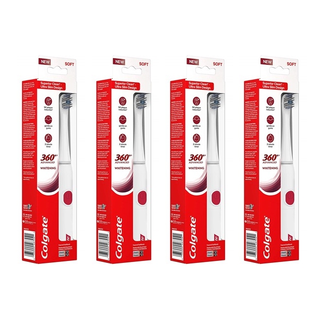 Four Colgate 360° Whitening soft toothbrushes in red and white packaging.