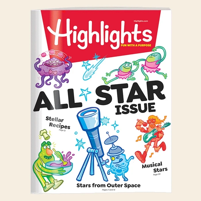 Highlights magazine All-Star Issue with colorful illustrations of cartoon aliens and space-themed activities.