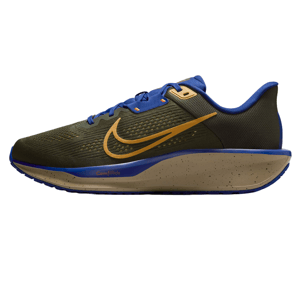Nike Men's Quest 6 Shoes feature a sleek design with an olive green mesh upper, blue accents, and a golden swoosh logo. The midsole offers cushioning for comfort, with \“ComfiRide\“ branding visible.