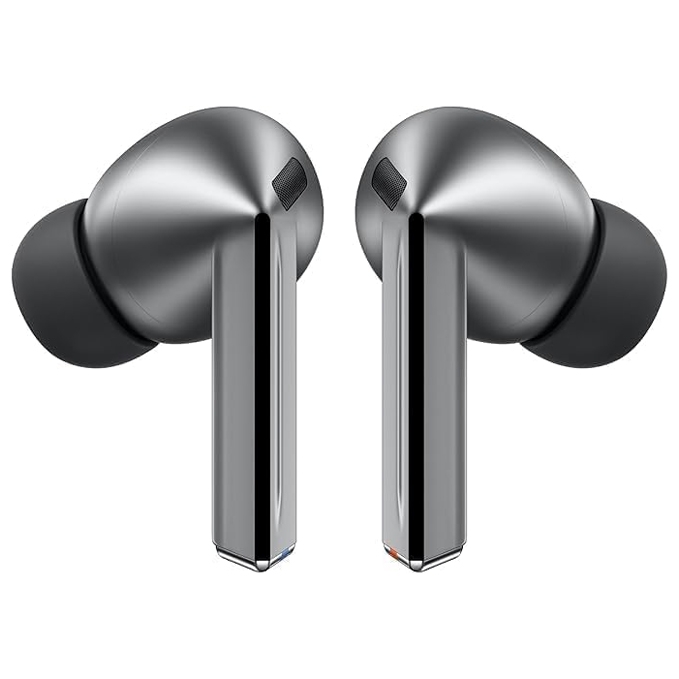 Wireless earbuds with a sleek, metallic design and in-ear silicone tips, featuring short stems and visible mesh details for sound intake.
