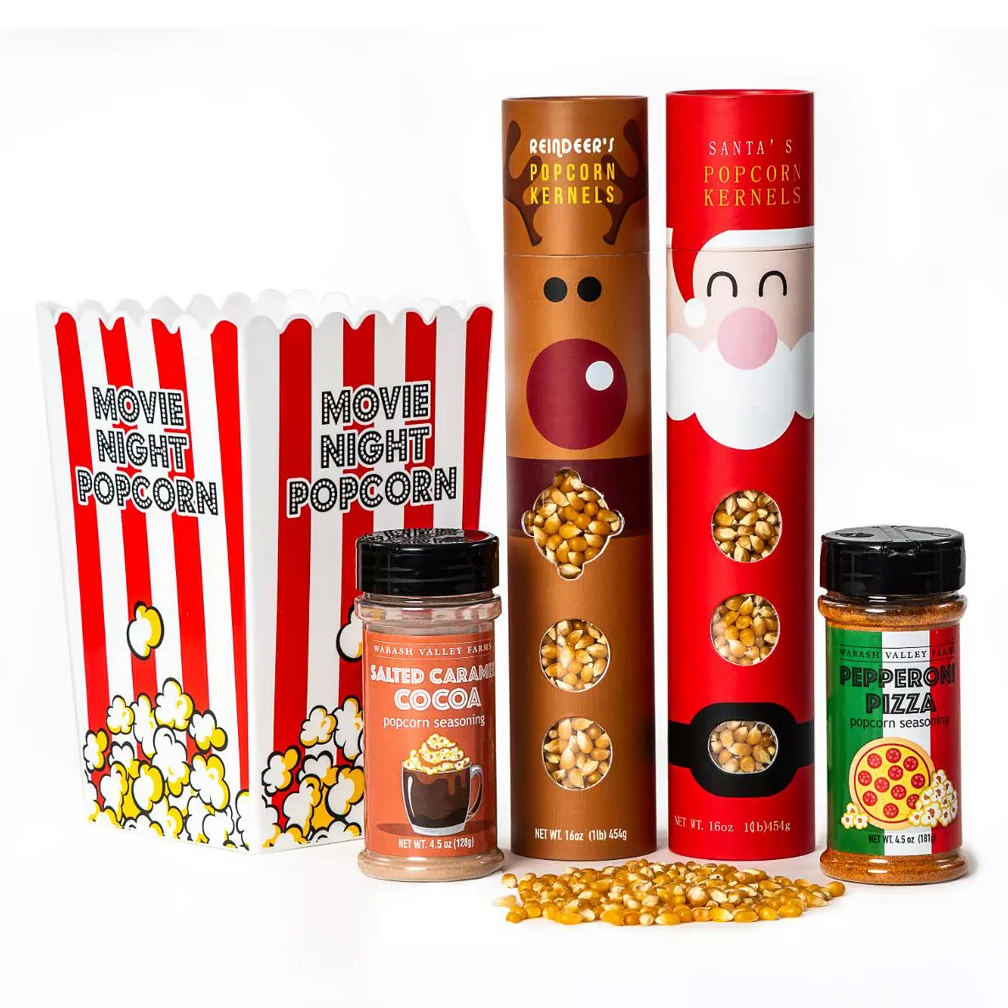 Movie night popcorn set with two tubs, Santa and Reindeer popcorn kernels (16oz each), and two seasonings: Salted Caramel Cocoa and Pepperoni Pizza (4.5oz each).