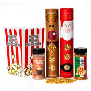 Movie night popcorn set with two tubs, Santa and Reindeer popcorn kernels (16oz each), and two seasonings: Salted Caramel Cocoa and Pepperoni Pizza (4.5oz each).