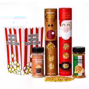 Movie night popcorn set with two tubs, Santa and Reindeer popcorn kernels (16oz each), and two seasonings: Salted Caramel Cocoa and Pepperoni Pizza (4.5oz each).