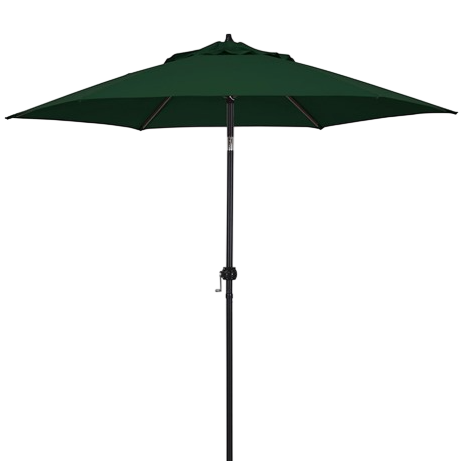 A green patio umbrella with a central pole and crank mechanism.