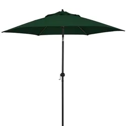 A green patio umbrella with a central pole and crank mechanism.