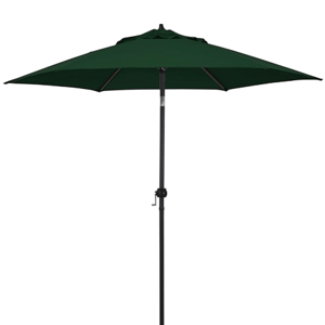 A green patio umbrella with a central pole and crank mechanism.