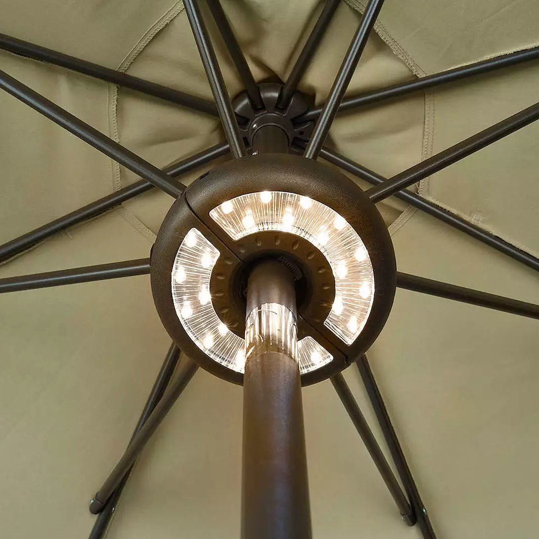 Remote-Control LED Umbrella Light featuring a circular design with multiple LED bulbs, installed under the canopy of an umbrella for even lighting.