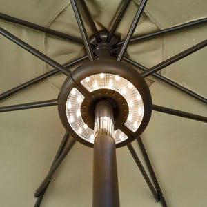 Remote-Control LED Umbrella Light featuring a circular design with multiple LED bulbs, installed under the canopy of an umbrella for even lighting.