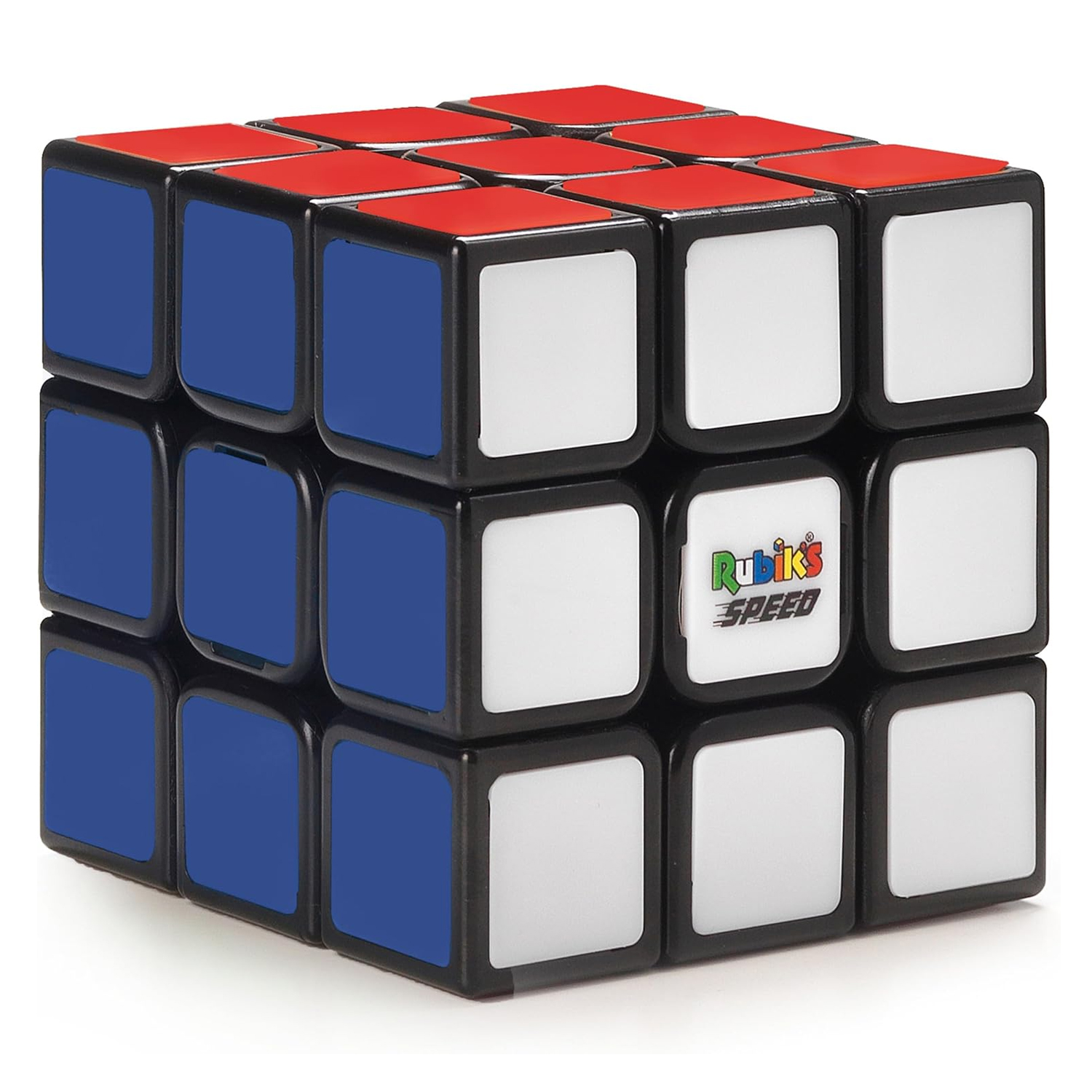 A Rubik's Speed Cube with red, white, and blue stickers on a black frame.