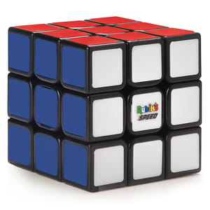 A Rubik's Speed Cube with red, white, and blue stickers on a black frame.