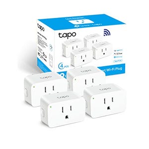 A set of four white mini smart plugs with branding on the front, each designed to connect to an electrical outlet for remote operation via Wi-Fi.