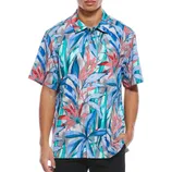 A short-sleeve button-up shirt featuring a vibrant tropical leaf pattern in blue, red, and teal tones.