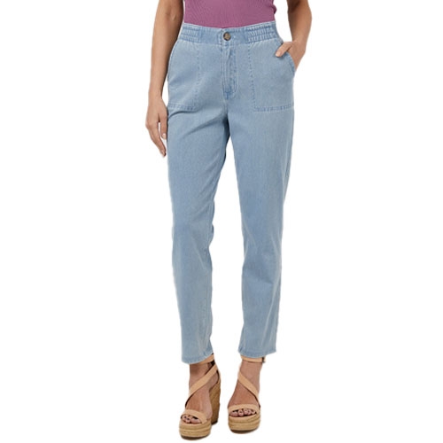 Light blue high-waisted sweatpants jeans with an elastic waistband, button closure, side pockets, and a tapered fit. They are styled with a sleeveless top and wedge sandals.
