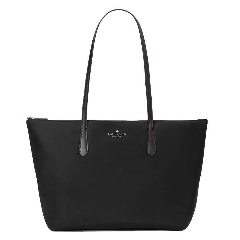A black Kate Spade New York nylon tote with sleek design, features a zip closure, long black leather straps, and the brand's logo in silver on the front.