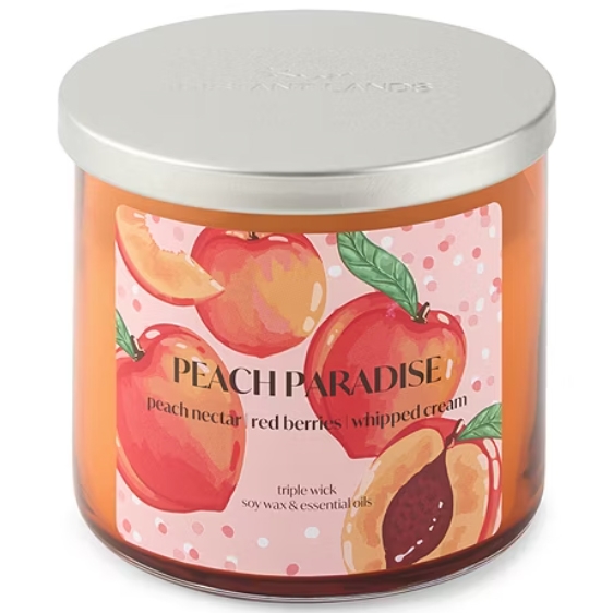 Peach Paradise scented candle featuring peach nectar, red berries, and whipped cream fragrances. Triple wick, made with soy wax and essential oils.
