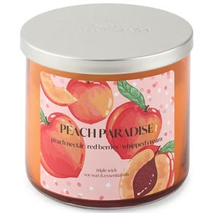 Peach Paradise scented candle featuring peach nectar, red berries, and whipped cream fragrances. Triple wick, made with soy wax and essential oils.