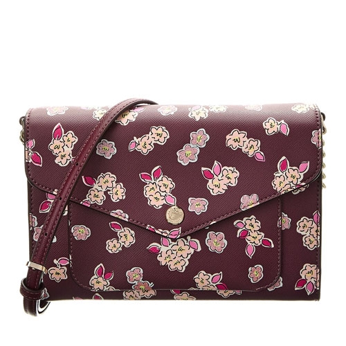 Burgundy crossbody bag with a flap closure, adorned with a pattern of flowers and rabbit cartoons, and an adjustable strap.
