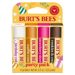 Burt's Bees party pack with four flavored lip balms: birthday cake, waffle cone, strawberry, and cookies & cream.