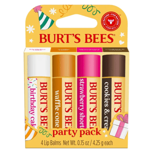 Burt's Bees party pack with four flavored lip balms: birthday cake, waffle cone, strawberry, and cookies & cream.