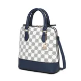 A stylish handbag featuring a blue and white pattern with blue leather accents, double handles, a detachable strap, and a gold charm with an \“M\“ initial.