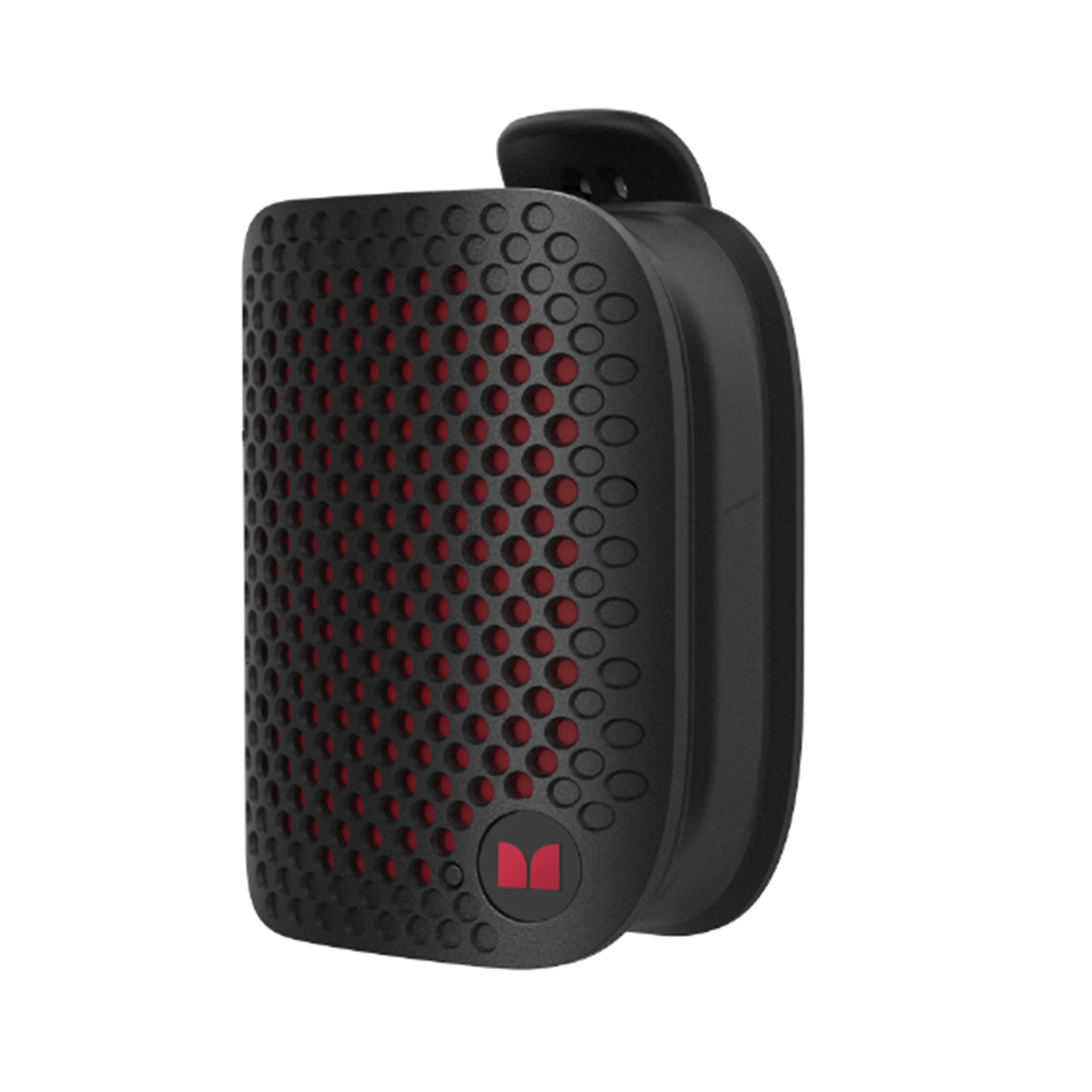 Compact black and red portable Bluetooth speaker with a perforated front design.