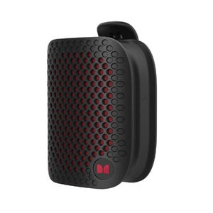 Compact black and red portable Bluetooth speaker with a perforated front design.