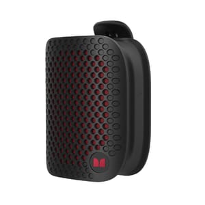 Compact black and red portable Bluetooth speaker with a perforated front design.