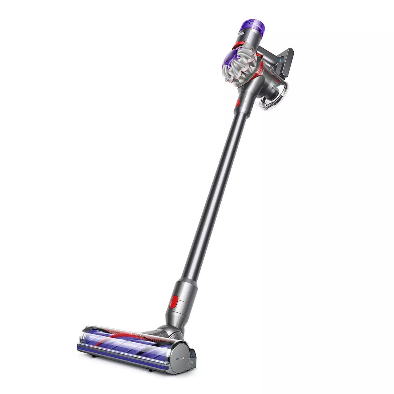 Dyson V8 Cordless Vacuum features a slim, lightweight design with a powerful motor on top, detachable wand, and motorized brush head, ideal for versatile cleaning.