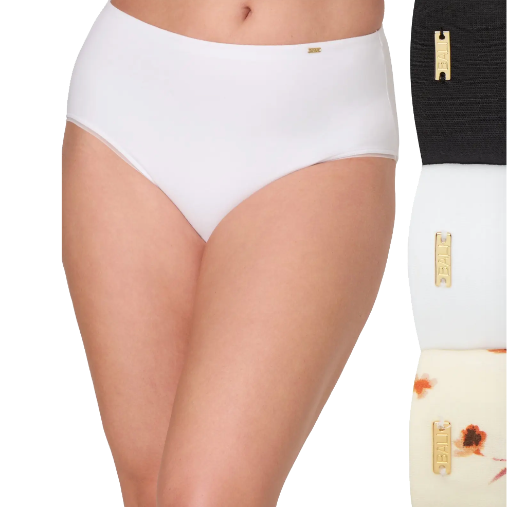 Four pairs of women's briefs in various colors and patterns (white, black, and floral). Each piece features a small gold emblem on the waistband.