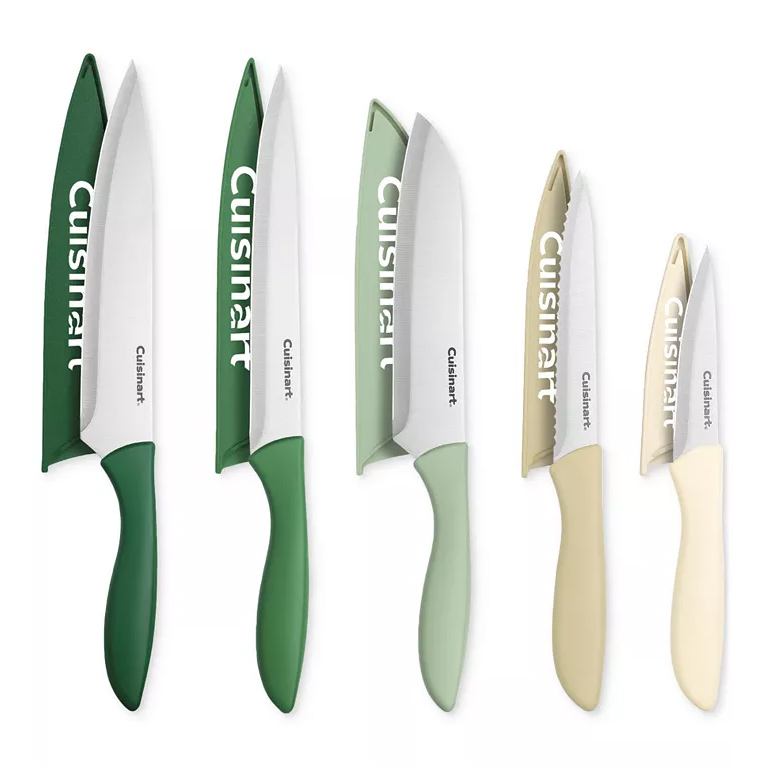 Set of five Cuisinart knives with matching blade guards in varying shades of green and beige, including chef, santoku, utility, bread, and paring knives. Each knife features a white blade and color-coordinated handle and sheath.