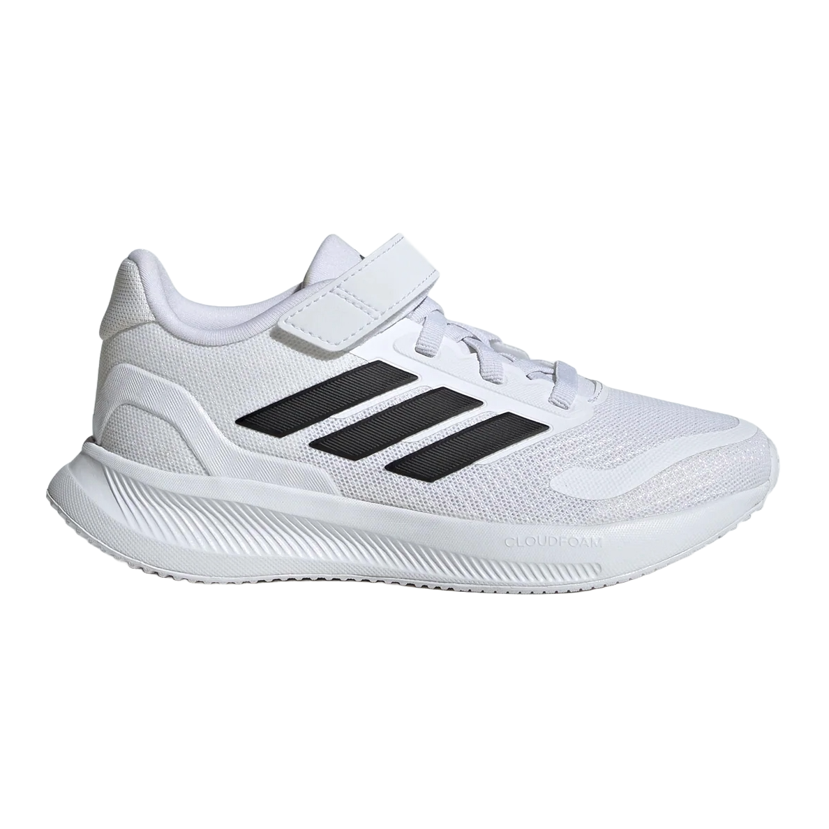 Adidas Kids' Runfalcon 5 Shoes are white sneakers featuring three black stripes, a hook-and-loop strap, mesh material for breathability, and a Cloudfoam sole for comfort.